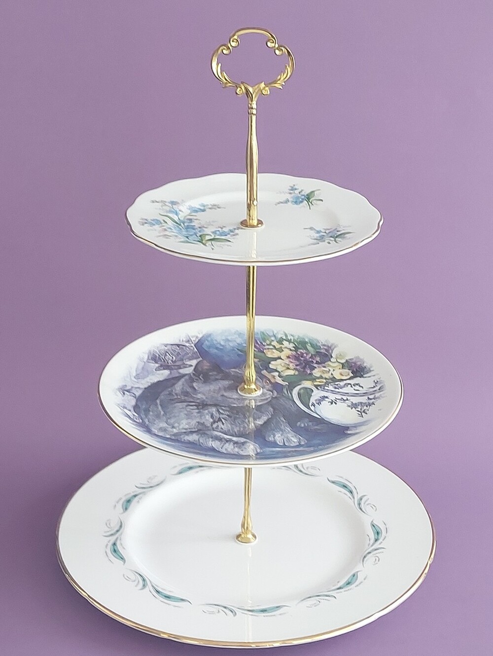 Mismatched 3-Tier Vintage Cake Stand Royal Albert Foley Cat Dessert Tray